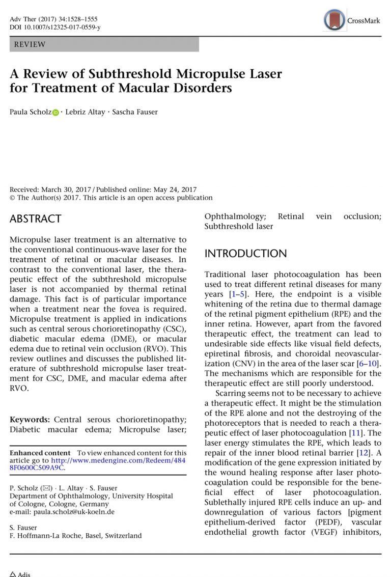 A Review of Subthreshold Micropulse Laser for Treatment of Macular Disorders