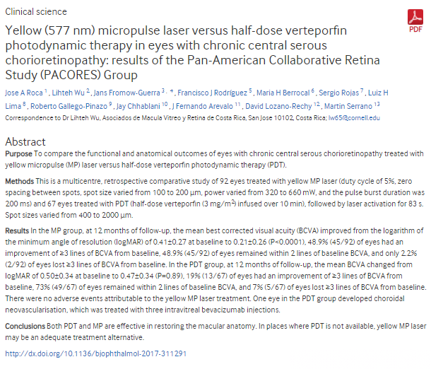 Yellow (577 nm) micropulse laser versus half-dose verteporfin photodynamic therapy in eyes with chronic central serous chorioretinopathy: results of the Pan-American Collaborative Retina Study (PACORES) Group