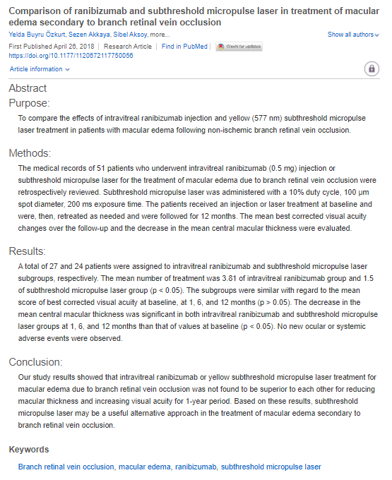 Comparison of ranibizumab and subthreshold micropulse laser in treatment of macular edema secondary to branch retinal vein occlusion