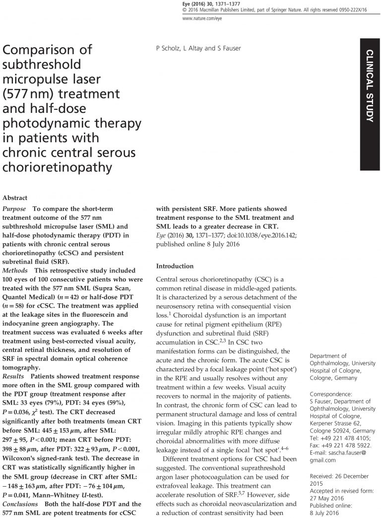 Comparison of subthreshold micropulse laser (577nm) treatment a