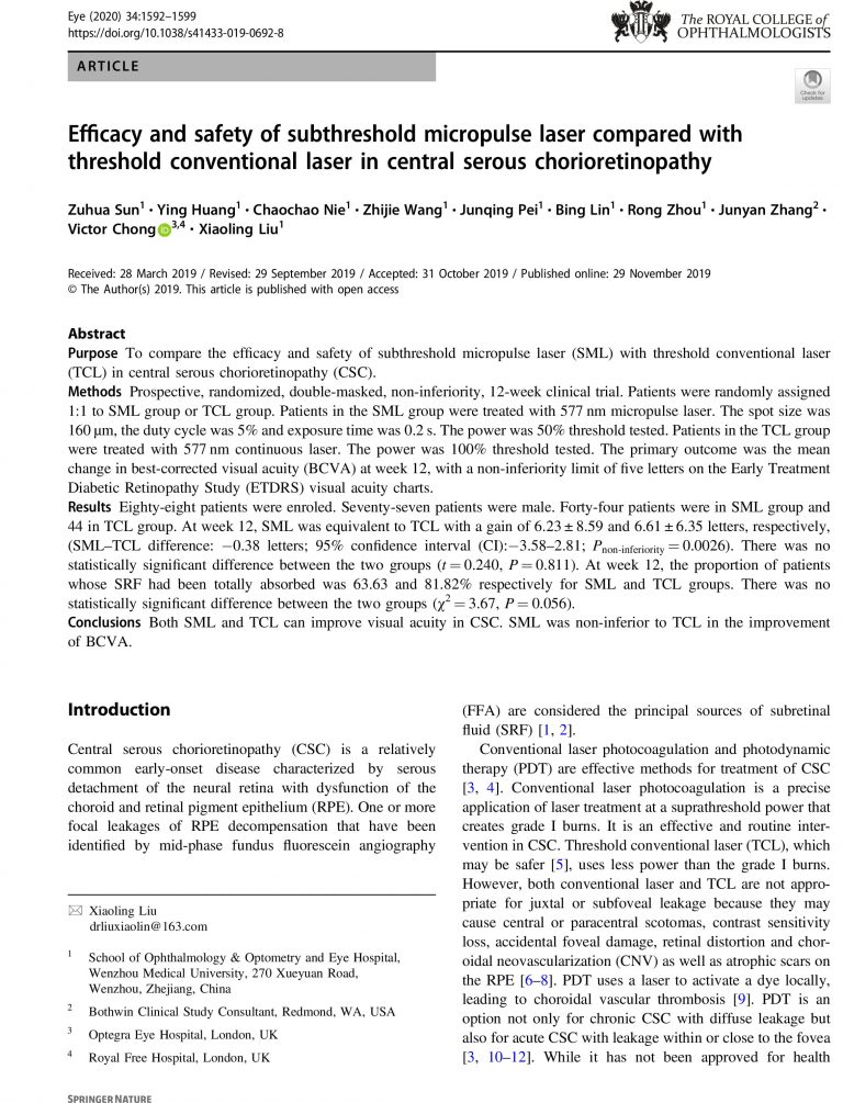 Efficacy and safety of subthreshold micropulse laser compared with threshold conventional laser in central serous chorioretinopathy