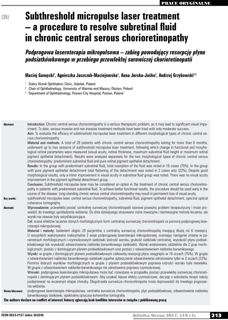 Subthreshold micropulse laser treatment – a procedure to resolve subretinal fluid in chronic central serous chorioretinopathy