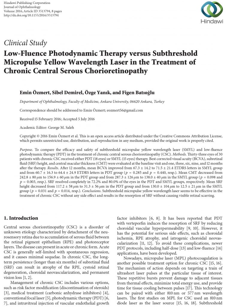 Low-Fluence Photodynamic Therapy versus Subthreshold Micropulse Yellow Wavelength Laser in the Treatment of Chronic Central Serous Chorioretinopathy