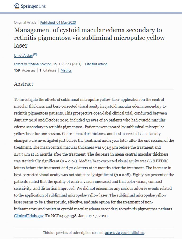 Management of cystoid macular edema secondary to retinitis pigmentosa via subliminal micropulse yellow laser