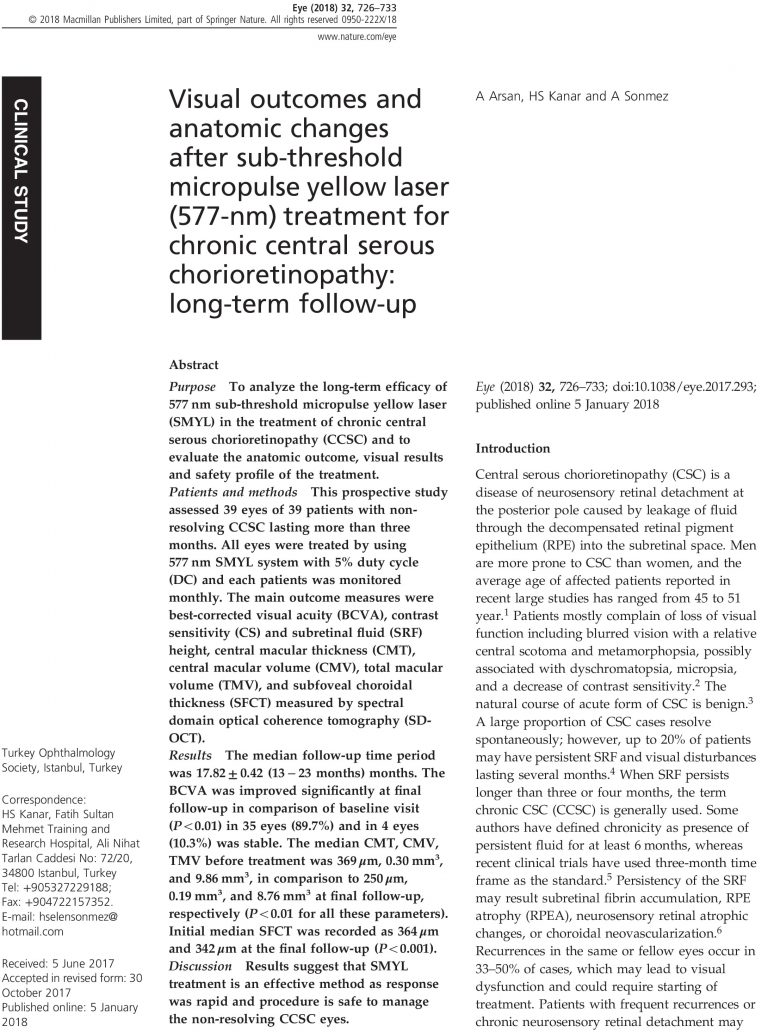 Visual outcomes and anatomic changes after sub-threshold micropulse yellow laser (577-nm) treatment for chronic central serous chorioretinopathy: long-term follow-up