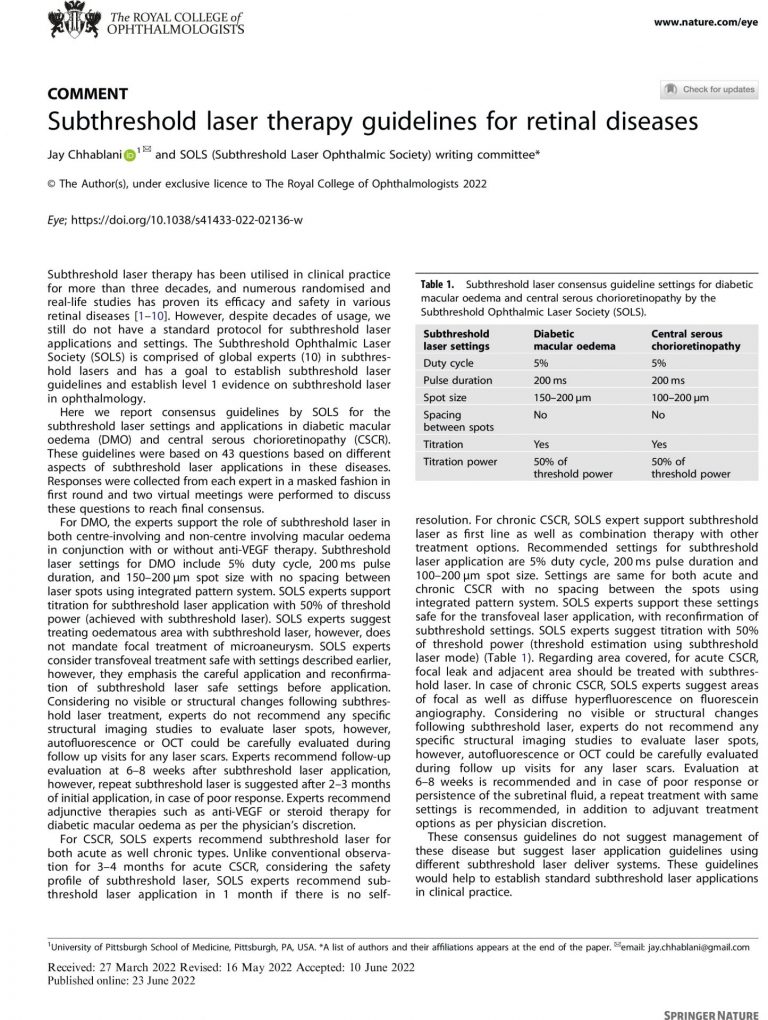 Subthreshold laser therapy guidelines for retinal diseases